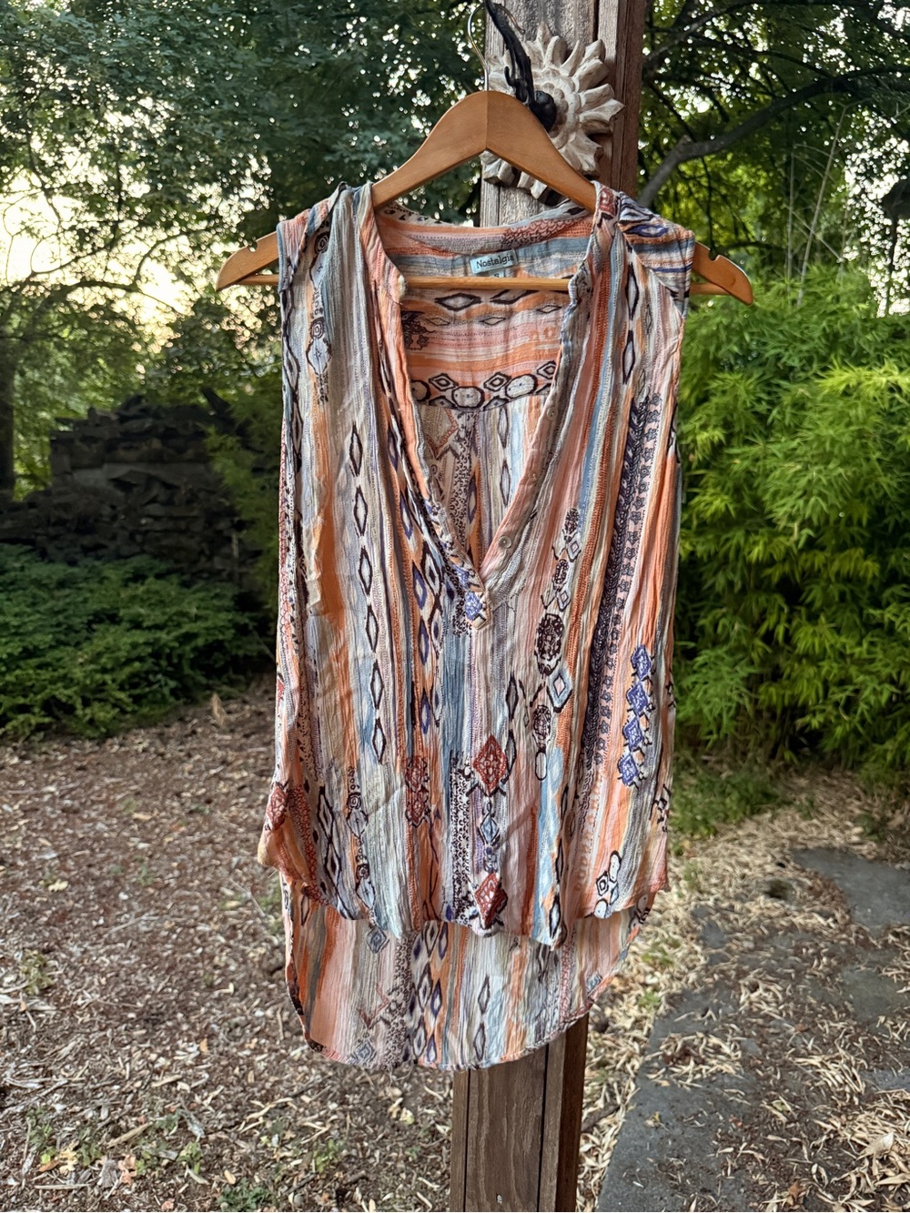 Nostalgia—Sleeveless Printed V-Neck Women’s Top in Multicolor Stripe